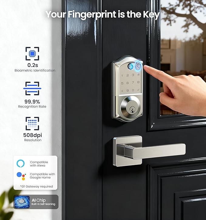 Veise VE017-B Fingerprint Smart Lock for Front Door, App Control, 7-in-1 Keyless Entry Deadbolt with 2 Zinc Alloy Lever Handles Set, Emergency Power Port, Auto Lock, Electronic Keypad, Satin Nickel