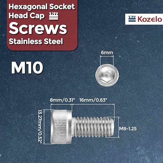 Kozelo 20pcs Socket Head Cap Screws - [M8-1.25 x 16mm] 304 Stainless Steel Allen Socket Drive for Electrical Motor 3D Printing Fan Engine Replacement Use, Silver