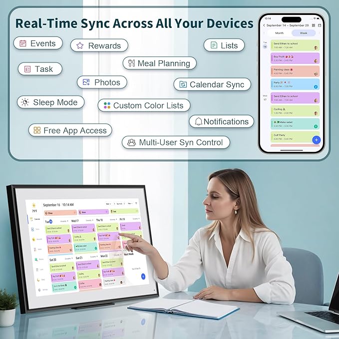 Canupdog 21.5 Inch Digital Calendar, WiFi Smart Electronic Calendar & Chore Chart, 1920x1080P IPS Touch Screen HD Display for Family Schedules, Streamline Household Organization, Christmas Gifts for Women Mom