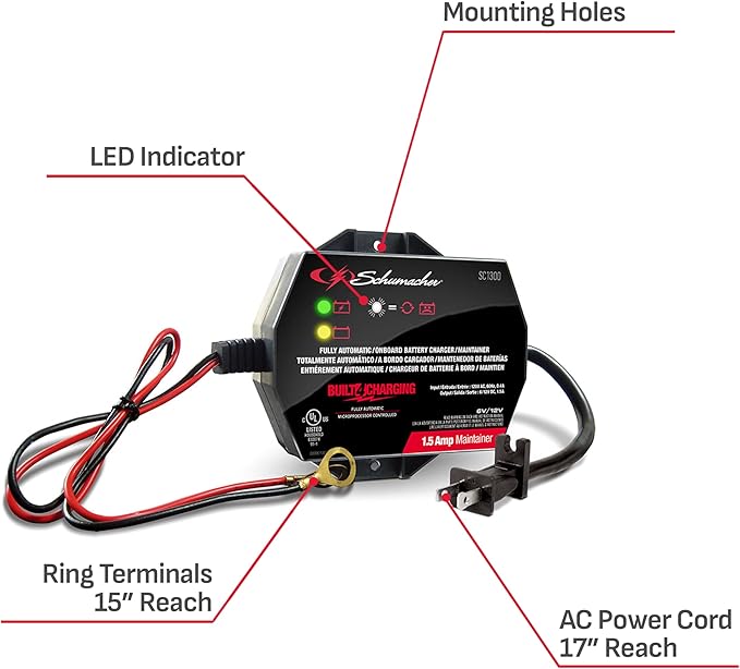 Schumacher Electric 1.5A Car Battery Charger and Maintainer, 3-in-1 Solution, for 6V/12V Power Sport, Automotive, and Marine Batteries, SC1300