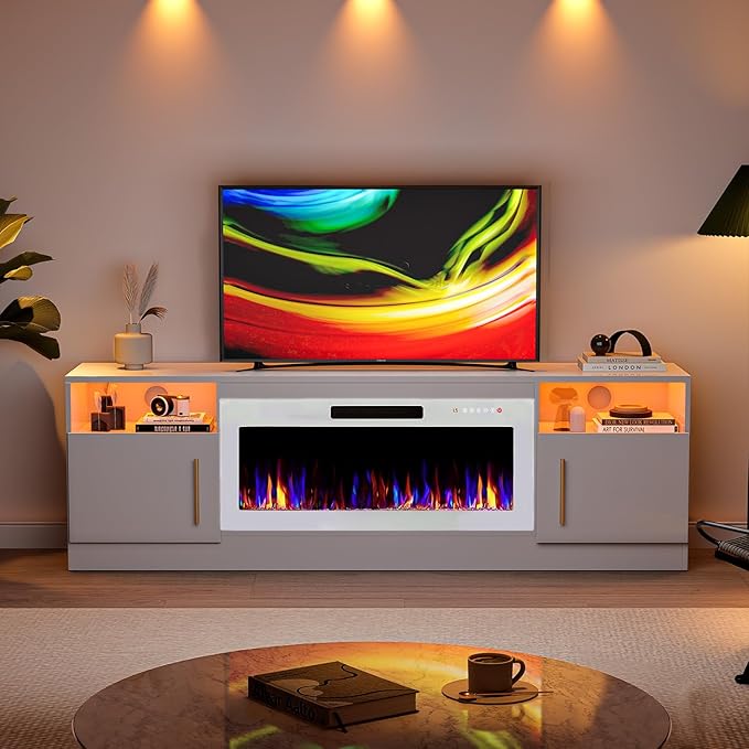 VITESSE TV Stand Fireplace with 36" inch Electric Fireplace Up to 80" TVs, LED Light Entertainment Center, 70" Modern Wood High Gloss with Highlight Storage Cabinet for Living Room (White)
