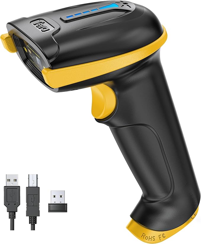 Tera Barcode Scanner Wireless Versatile 2-in-1 (2.4Ghz Wireless+USB 2.0 Wired) with Battery Level Indicator, 328 Feet Transmission Distance Rechargeable 1D Laser Bar Code Reader Handheld 5100 Yellow