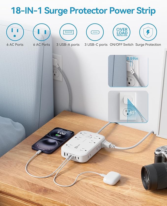 2100J Surge Protector Flat Plug Extension Cord 20 FT with 12 AC Outlets 6 USB Ports 5V/4.8A 24W, 20Ft Long Braided Thin Cord Wall Mount Long Charging Station for Travel Home Office College Dorm