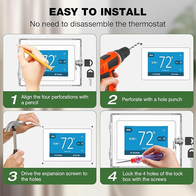 AUURIO 2 PCS Upgraded Thermostat Lock Box with Key, Large Space Thermostat Cover Seamless Anastomosis, Clear Decorative AC Lock Box Cover on Wall Fits Thermostats 4.8" H x 6" W or Smaller