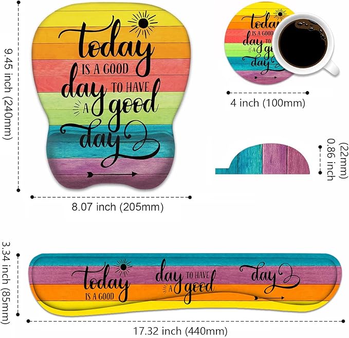 Mouse Pad Wrist Support and Keyboard Wrist Rest Set with Coasters, Today is a Good Day to Have a Good Day Inspirational Quote with Non-Slip PU Base Ergonomic Mousepad for Computer Laptop Home Office