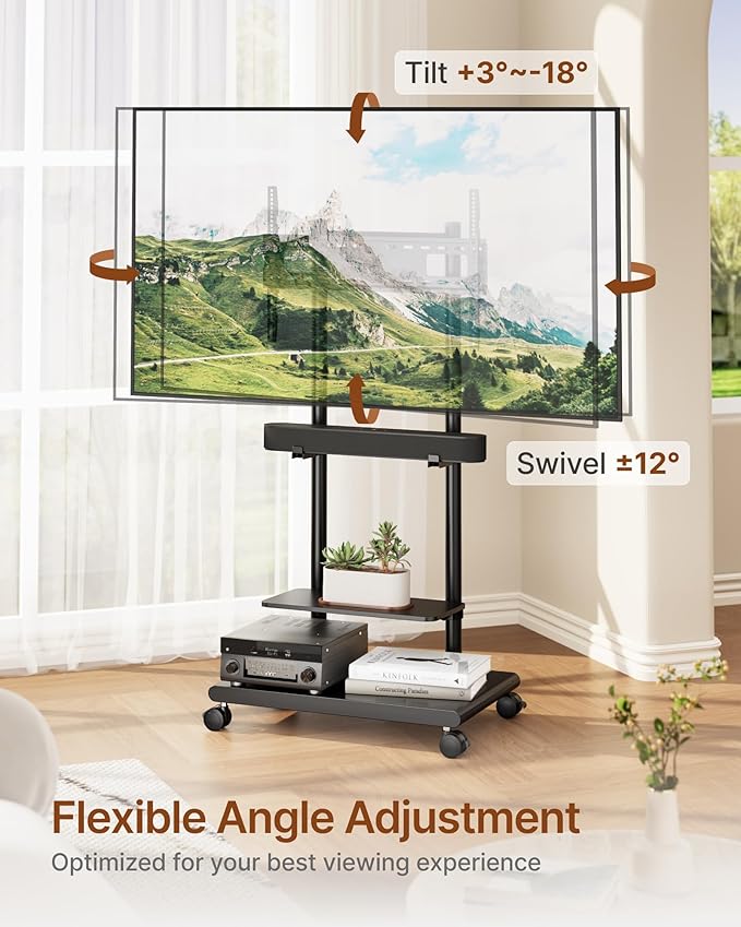 ECOTINY Steel Base Rolling TV Stand with Soundbar Mount for 37-75 inch TVs up to 154lbs, Swivel&Tilt Mobile TV Stand with Large Storage, Height Adjustable Heavy-Duty TV Cart, Max VESA 600x400mm, Black