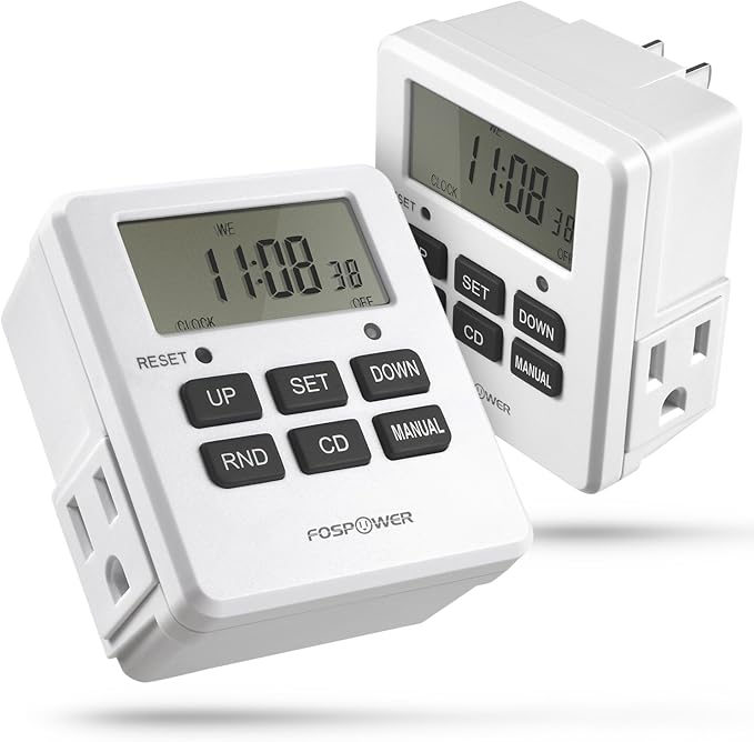 Fospower 7 Day Digital Timers for Electrical Outlets Indoor, Heavy Duty Dual Programmable Outlet Light Timer Switch, Electric Power Wall Timer for Grow Light, Lamp, 3 Prong, Grounded- 2 Pack