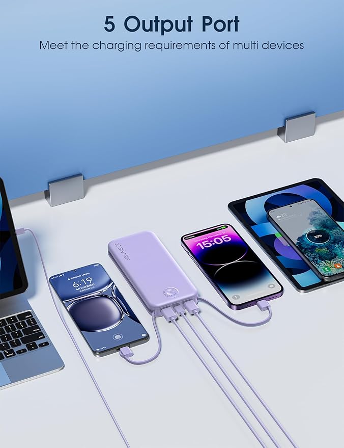 Nusyddy Portable Charger, 12000mAh 22.5W Fast Charging Power Bank with Built-in Cables & Wall Plug, Travel Essential External Battery Pack, USB C Battery Phone Charger for iPhone, iPad, Samsung Purple