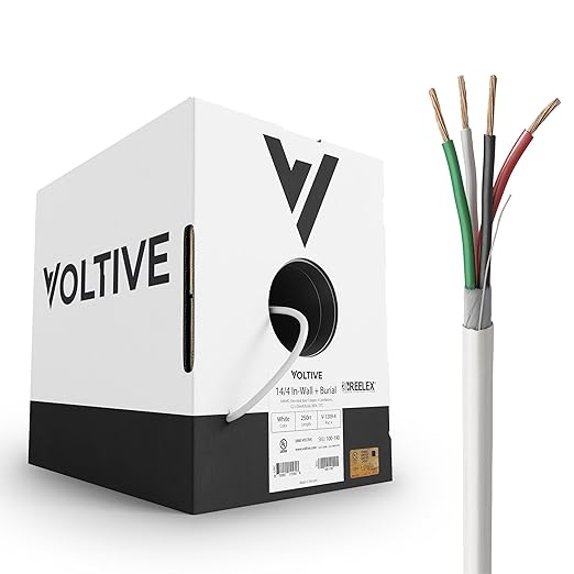 Voltive 14/4 Speaker Wire, in-Wall CL3 & Direct Burial, White, 250ft - 14AWG, 4 Conductors, Stranded Oxygen-Free Copper, UL Listed - V-1209-4