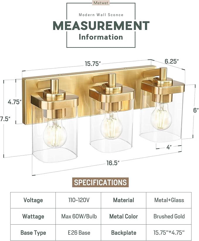 METWET Bathroom Light Fixtures Over Mirror, 3-Light Brushed Gold Vanity Light with Square Clear Glass Shade, Modern Wall Sconces, Vanity Lighting Fixtures, VL194-BG-3