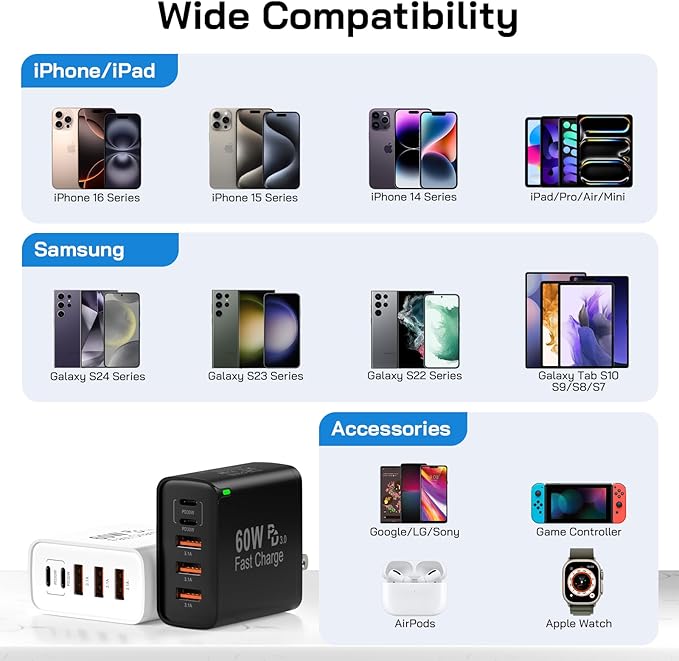 2Pack USB C Fast Charger Block, Total 60W 5-Port USB C Wall Charger 30W Type C Charging Block, 2USB C+3USB A PD 3.0 Multiport Charging Cube for iPhone 17 16 15 14 Pro Max, G-alaxy S25 S24 Ultra, i Pad