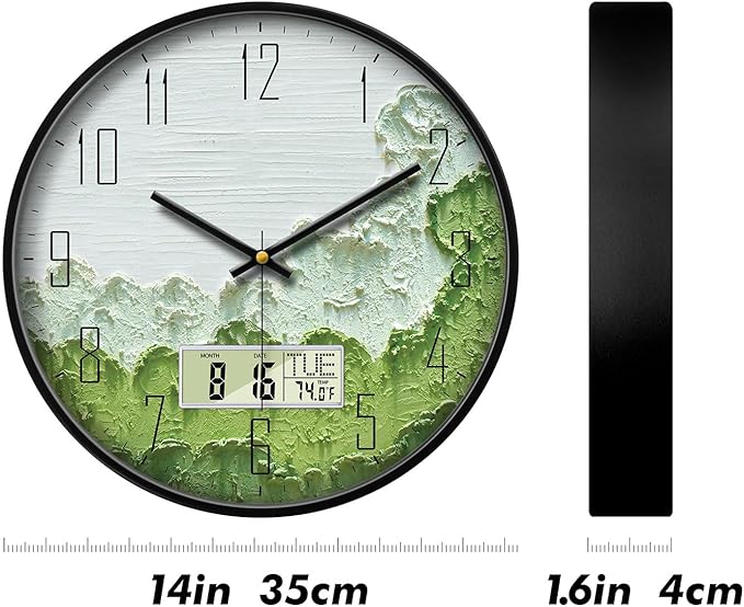 SCOAGE Modern Wall Clock with Temperature Green Forest Large Display Non-Ticking Battery Operated Clock with Date and Week for Kitchen Bedroom Living Room Farmhouse Decor 14 Inch