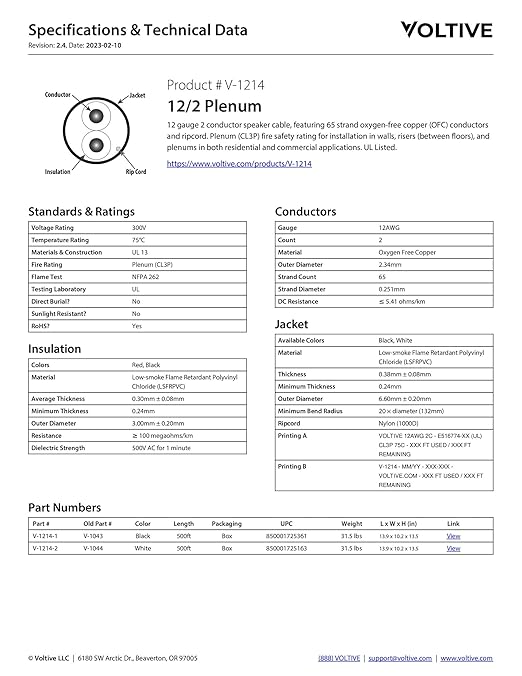 Voltive 12/2 Speaker Wire, Plenum CL3P, Black, 500ft - 12AWG, 2 Conductors, Stranded Oxygen-Free Copper, UL Listed - V-1214-1