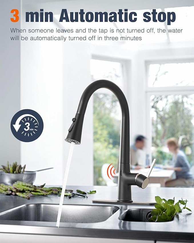 AIMADI Touchless Kitchen Faucet, Matte Black,Single Handle Pull-Down Sprayer,Deck Plate Included | Hands-Free Smart Motion Sensor Kitchen Sink Faucet, 3 Spray Modes, Fits 1 or 3 Hole Sinks