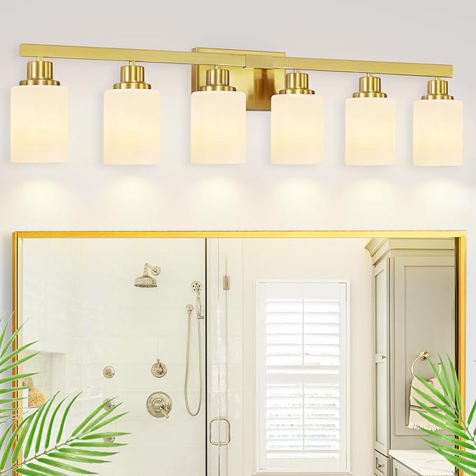 DIKAIDA 6 Light Gold Bathroom Vanity Light, Gold Bathroom Light Fixtures, 38" Modern Brushed Gold Vanity Lighting Fixtures for Bathroom Over Mirror, Gold Sconces Wall Lighting for Bedroom Living Room