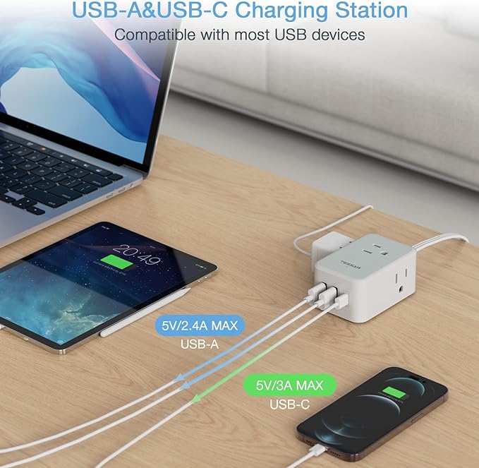 TESSAN Small Flat Plug Power Strip, Ultra Thin Extension Cord with 3 USB Wall Charger (1 USB C), 3 Outlets Mini Charging Station, 5 ft Slim Plug for Cruise Travel Office School Dorm Room Essentials