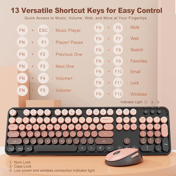 Nowlike Wireless Keyboard and Mouse Combo, Retro Typewriter Keyboard with Round Keycaps, Full-Size Ergonomic, Aurora Red, Ideal for Windows PC, Home, Office, and College