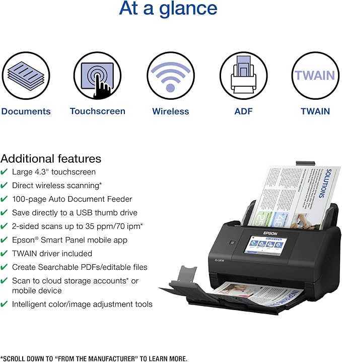 Epson Workforce ES-580W Wireless Color Duplex Desktop Document Scanner for PC and Mac with 100-sheet Auto Feeder (ADF), Intuitive 4.3' Touchscreen
