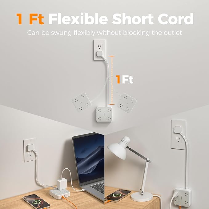 TESSAN Short Extension Cord, 1 Ft Ring Pull Surge Protector Power Strip with Multiple Outlets, 3 USB (1 USB C) 4 Outlets, 900J Surge Protection, Desktop Charging Station for Home, Office, Dorm Room
