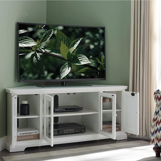 Leick Home Mateo Corner TV Stand, for 65 in. TV, 2 Glass Doors and 2 Soild Doors, White, 85386