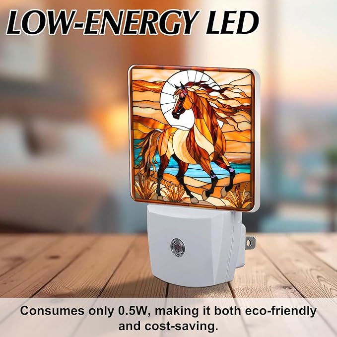 PODMemory Horse Stained Glass Night Lights Plug into Wall for Room, Horse Night Light LED for Bedroom