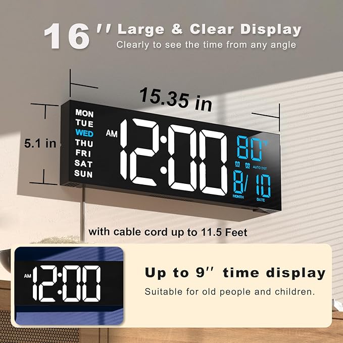 JALL 16" Large Digital Wall Mount Clock, Count Down Timer, Alarm, Big LED, RGB Color, DST, Temperature for Living Room Classroom Desk, Xmas, Birthday Gift for Senior Mom Dad (White Blue, 16 inches)