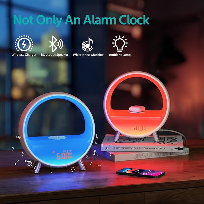 MOMILLA Sunrise Alarm Clocks with Bluetooth Speaker, White Noise Sound Machine with with Wireless Charging Station, 11 Lights Effects Night Light, Wake up Light Sunset Lamp Bedrooms for Adults Kids