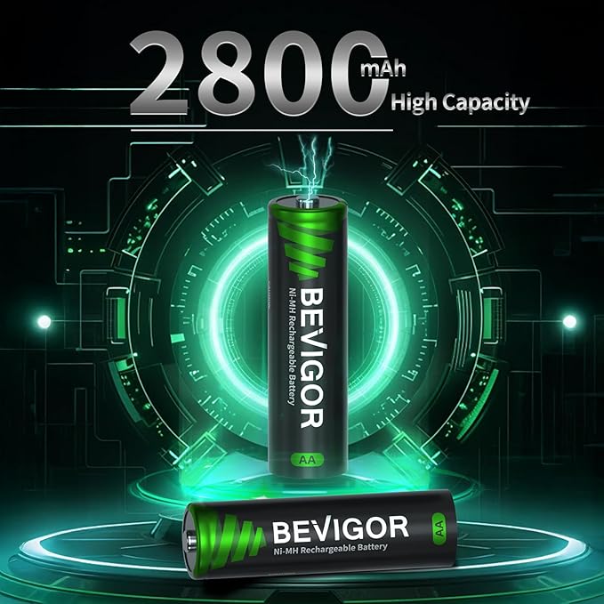 BEVIGOR AA Rechargeable Batteries 2800 mAh High Capacity 1500 Cycle, 1.2V NiMH Low Self Discharge AA Battery, 4 Count