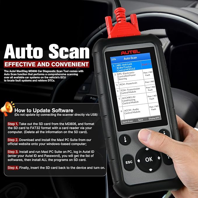 Autel MaxiDiag MD806 OBD2 Scanner, ABS SRS Engine Transmission 4 Systems Diagnostic Scan Tool, 7 Hot Service as MD808 Pro, Oil Reset D-P.F, EPB SAS BMS Throttle A/F, Up of MD805 MD802, Free Update