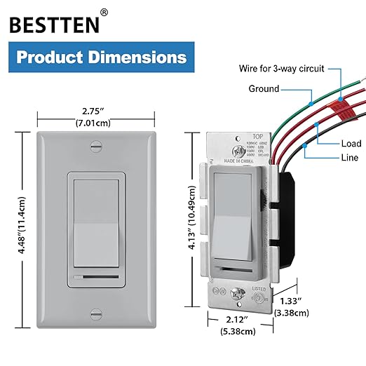 BESTTEN 2 Pack Dimmer Wall Light Switch, Compatible with Dimmable LED, CFL, Incandescent and Halogen Bulb, Single Pole or 3-Way Dimmer Switches, 120VAC, Decorator Wall Plate Included, Gray, UL Listed