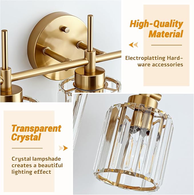 EJIAXIN Bathroom Lighting Fixtures, 3 Light Gold Bathroom Light Fixtures with Clear Shades Modern Crystal Vanity Light Bath Room Vanity Lighting Over Mirror Wall Light