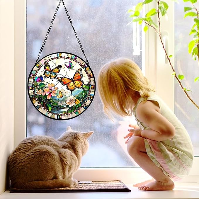 DASTOLL Stained Glass Window Hanging, Butterflies Flying in The Sky Suncatcher for Doors Home Sun Catchers Decoration and Christmas, Mother's Day Birthday Gifts for Women, Men, and Mom 14.9x14.9 in
