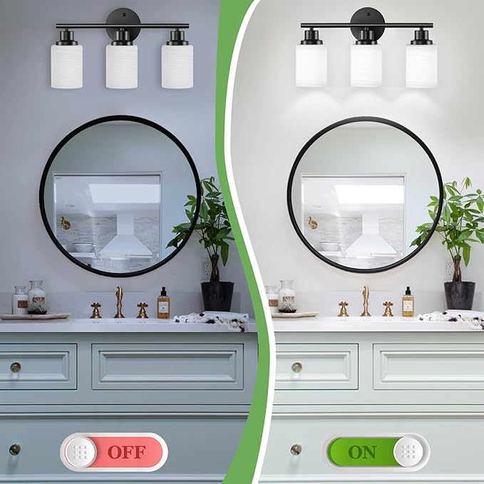 Guliaofo 3-Light Bathroom Light Fixtures, Black Vanity Lights for Mirror with Textured Milky White Glass Shade, E26 Base Modern Kitchen Light Fixtures Wall Sconce Light