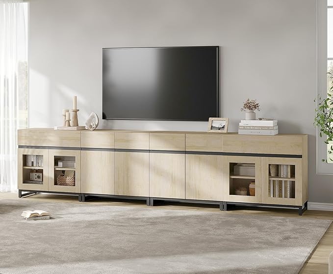 WAMPAT Modern TV Stand for TVs up to 120 inch, 4 in 1 TV Console with Glass Doors and 2 Drawers, Entertainment Center with Adjustable Shelf for Living Room, Bedroom, Light Oak