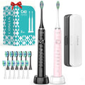 COSLUS Sonic Electric Toothbrush for Adults: 47000 VPM for Deep Cleaning & Whitening with Travel Case - 5 Modes for Sensitive Teeth & Braces, Wireless Charging, 6 Brush Heads, Black & Pink (2PCS)