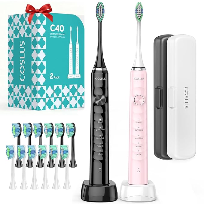 COSLUS Sonic Electric Toothbrush for Adults: 47000 VPM for Deep Cleaning & Whitening with Travel Case - 5 Modes for Sensitive Teeth & Braces, Wireless Charging, 6 Brush Heads, Black & Pink (2PCS)