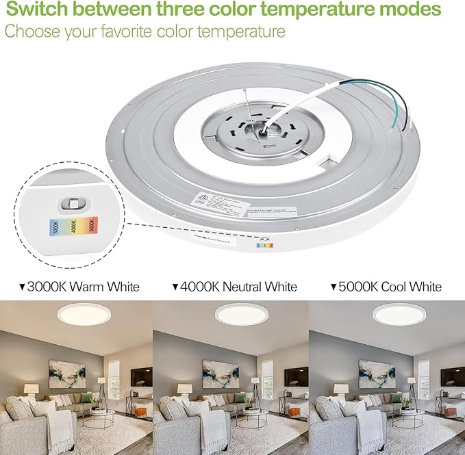 hykolity 18 Inch LED Round Flat Panel Light, White, 32W, 3200lm, 3000K/4000K/5000K CCT Selectable, 120°Beam Angle, Dimmable Edge-Lit Flush Mount Ceiling Light Fixture - ETL Listed
