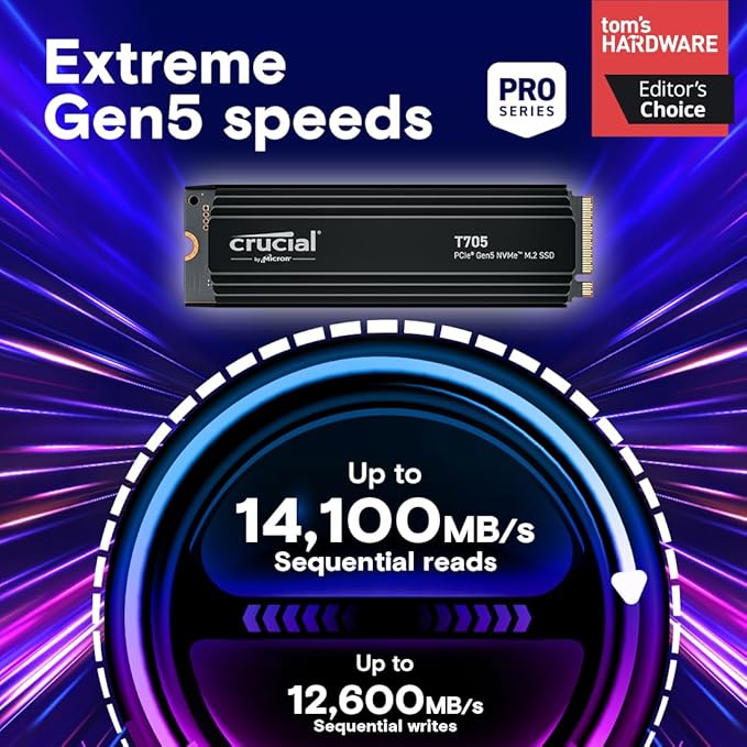 Crucial T705 PCIe Gen5 NVMe 4TB SSD with Heatsink, Up to 14,100MB/s, TLC NAND, Laptop & Desktop (PC) Compatible, for Creatives and Hardcore Gamers, Solid State Drive, 1Mo Adobe CC – CT4000T705SSD5