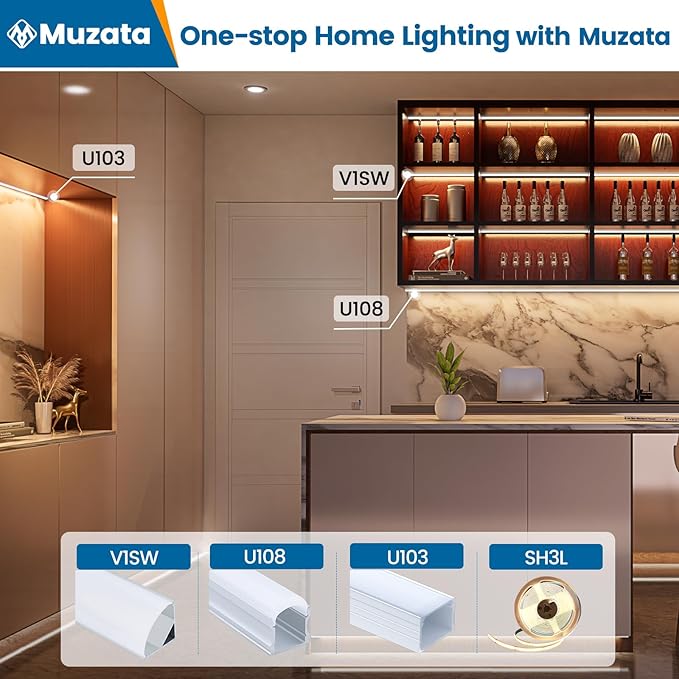 Muzata 20Pack 3.3FT/1M Plus-Size Spotless LED Channel Black LED Strip Diffuser Channel with Milky Frosted White Diffuser Cover U103 BW 1M