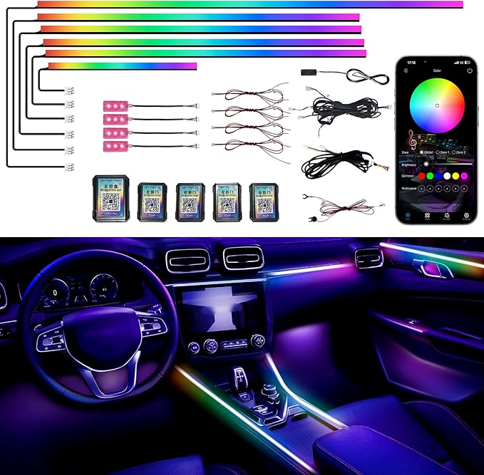Acrylic Interior Car LED Strip Lights, Colorful 10-in-1 Car Ambient Lighting Kit, with Wireless APP Control, 622 LED Fiber Optic Strip Lights for Cars, Supports Neon Sync with Music DIY Mode