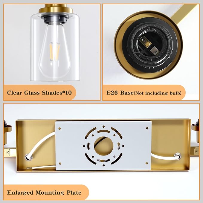 DIKAIDA Gold Bathroom Vanity Light,10-Light Brushed Gold Bathroom Light Fixtures with Clear Glass,64.5in Wall Lamp Sconces for Mirror Bedroom,Living Room Hallway,E26