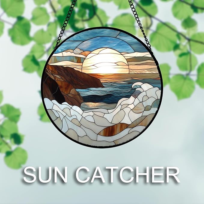 DASTOLL Stained Glass Window Hanging 4 Pcs Set Ocean Waves Large 15" - Blue and White Sea Suncatcher Door Garden Sun Catcher Decor Birthday Christmas for Mom Woman Nana Men