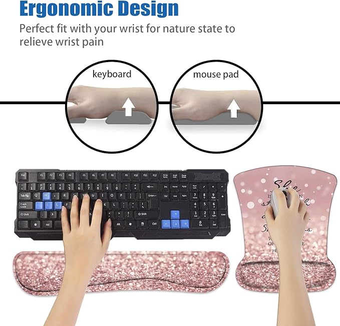 Ergonomic Mouse Pad Wrist Support and Keyboard Wrist Rest Set with Coasters, Non-Slip PU Base, Easy Typing and Relieve Wrist Pain, Perfect for Home Office Working Studying, Bible Verses Proverbs 31:25