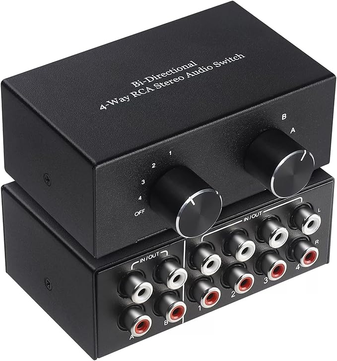 RCA L/R Audio Switcher, 4(2)-in-2(4)-Out Analogue Audio Switch, Noiseless Stereo Speaker Selector for Phono TV Headphones Soundbar PC Game, 4 Way Audio Splitter Box
