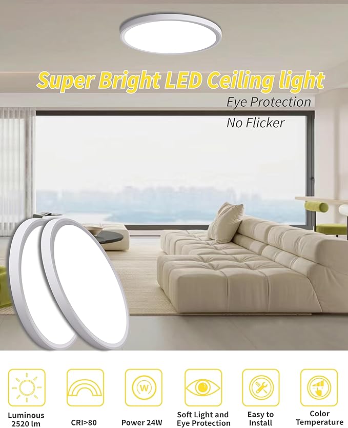 4Pack 12 Inch Dimmable LED Flush Mount Ceiling Light Panel,24W 2520LM,2700K-6000K Adjustable Color,Ultra Thin Round White Ceiling Light Fixture for Hallway Kitchen Bedroom Home Office