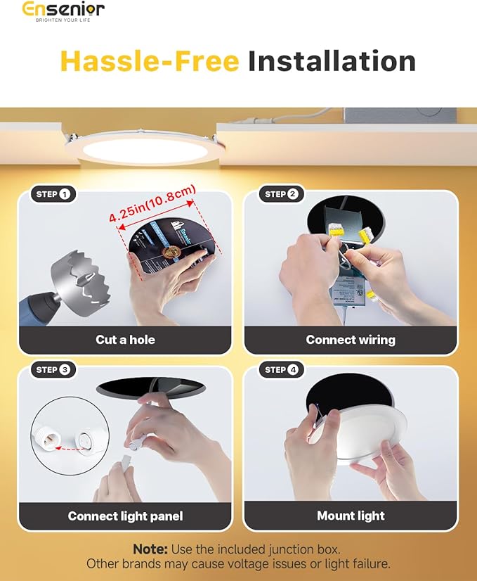 Ensenior 12 Pack 4 Inch LED Recessed Ceiling Light, Dimmable, 5000K Daylight, 750LM 9W 120V, High Brightness Canless Wafer Downlight - ETL&FCC&IC