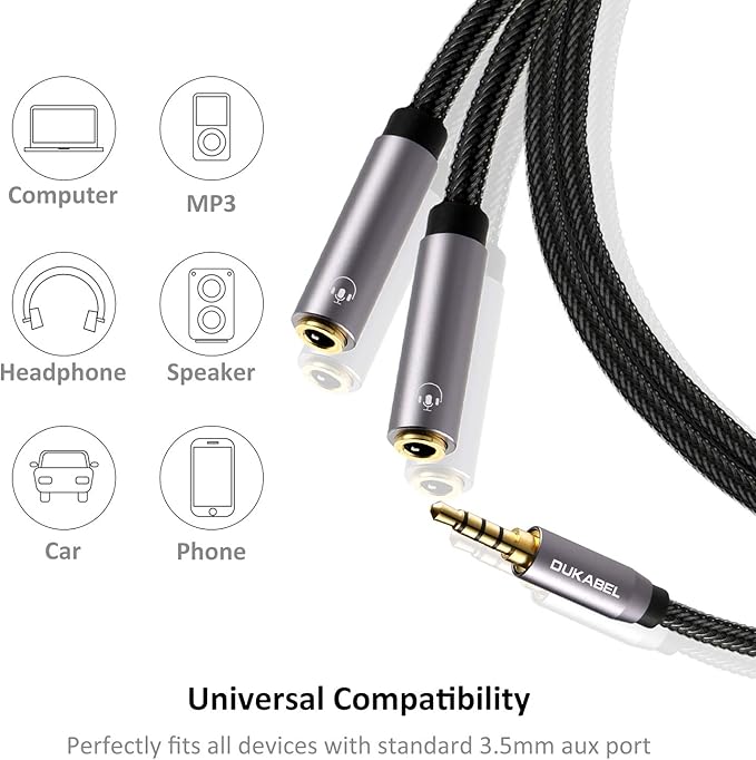 DUKABEL Headphone Splitter, Strong Braided & Gold-Plated 3.5mm Stereo Audio Y Splitter Cable 4-Pole Male to 2-Female Port Audio Stereo Cable Dual Headphone Jack Adapter Top Series