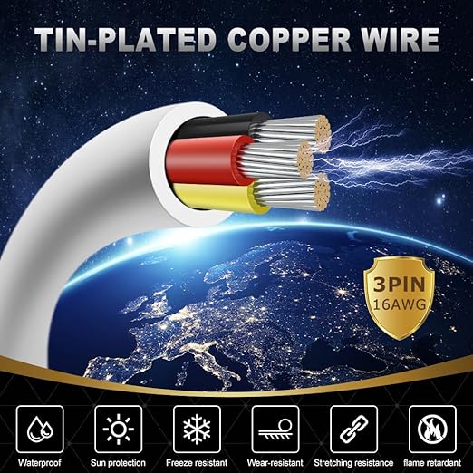 16 Gauge 3 Conductor Electrical Wire, 65.6FT White Stranded Low Voltage 16/3 PVC Case, 16 AWG Tinned Copper 3 Wire Extension Power for Strips LED Lamp Lighting
