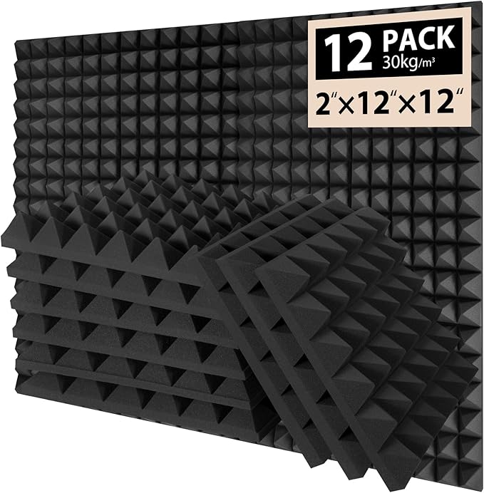 12 Pack Soundproof Wall Panels, Saiqiang Acoustic Foam 2" x 12"x 12" Sound Panels Acoustic Panels Sound Absorbing Black Sound Proof Panels for Walls Pyramid Soundproofing Studio Foam