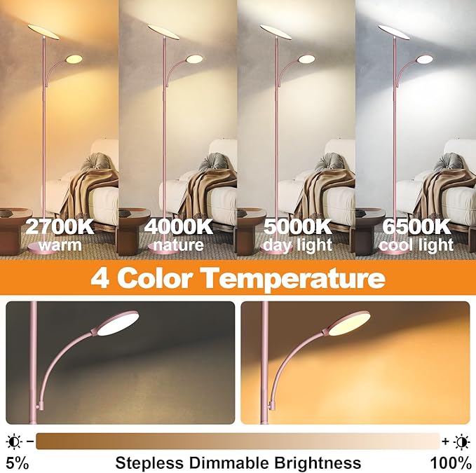 marctronic Pink Floor Lamps for Living Room, 44W/4500LM Super Bright 2 in 1 LED Floor Lamp with Remote, Stepless Dimmable, 69" Tall Standing Floor Lamp with Bendable Reading Light for Bedroom Office